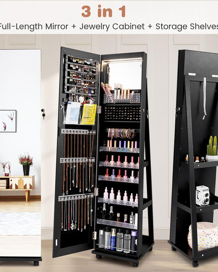 CHARMAID Jewelry Cabinet Armoire with Wheels, 64" Full Length Mirror with Jewelry Storage