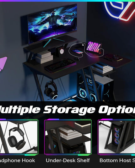 Bureau de jeu en forme de L Giantex avec prises et ports USB, petit bureau d'ordinateur avec étagère pour moniteur