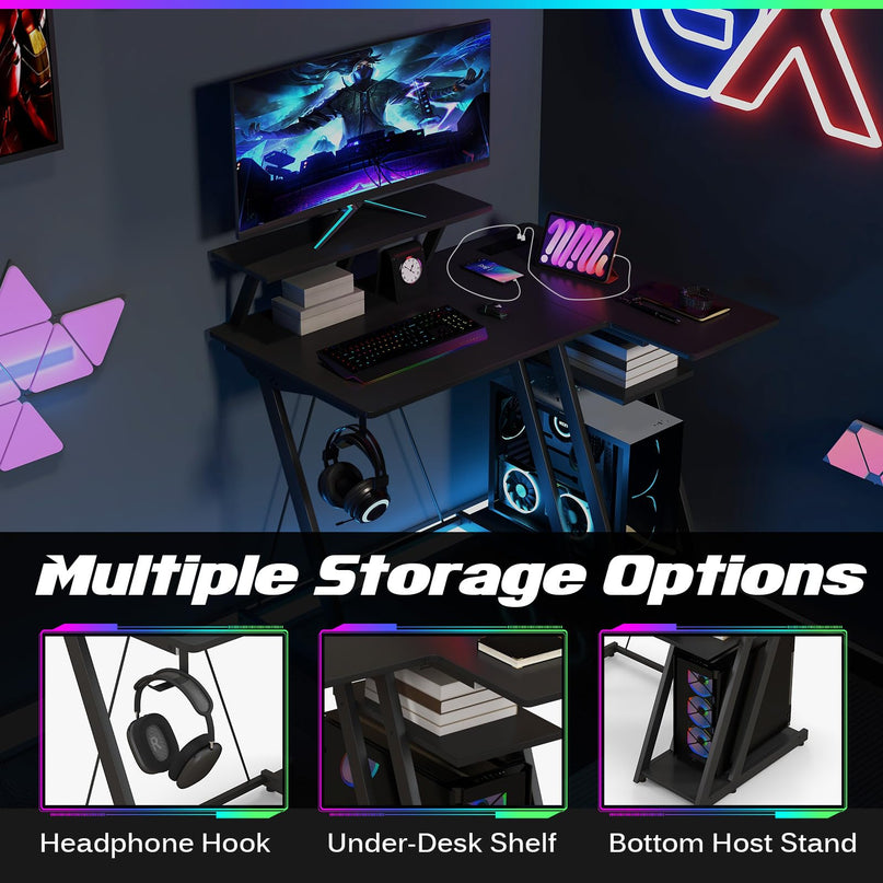 Bureau de jeu en forme de L Giantex avec prises et ports USB, petit bureau d'ordinateur avec étagère pour moniteur