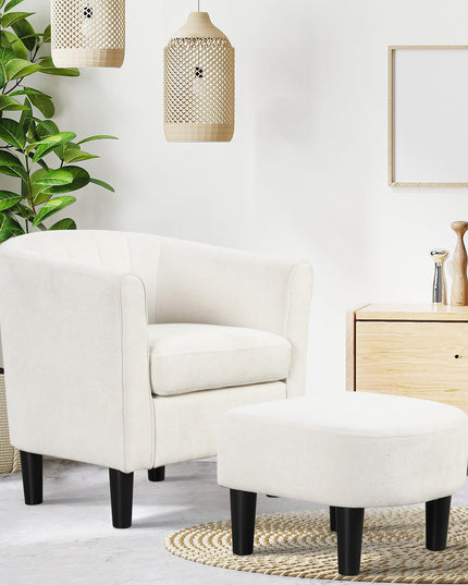 Giantex Modern Accent Chair with Ottoman, Upholstered Teddy Velvet Barrel Club Chair w/Footrest