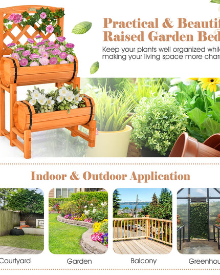 Giantex Raised Garden Bed with 2 Barrel Planters & Trellis, 2-Tier Freestanding Wooden Raised Bed for Vegetable Flower Fruit