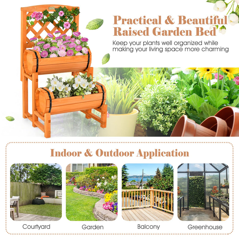 Giantex Raised Garden Bed with 2 Barrel Planters & Trellis, 2-Tier Freestanding Wooden Raised Bed for Vegetable Flower Fruit