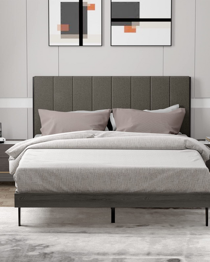 Wooden Slats Support Queen Mattress Foundation with Tufted Headboard, Grey