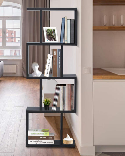 4 Tier Bookshelf S Shaped Bookcase, Multifunctional Wooden Display Decor Furniture