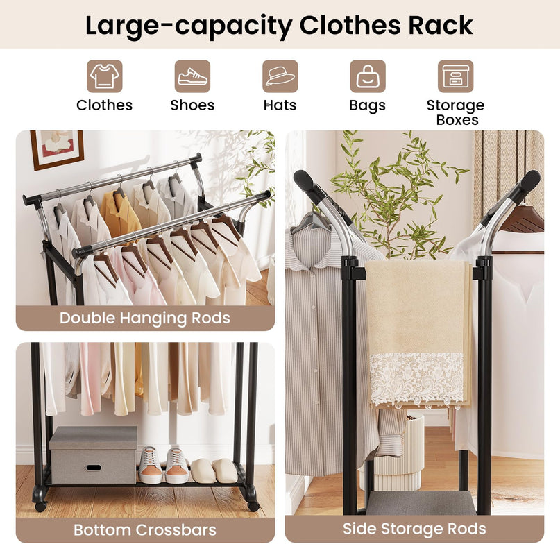 Giantex Portable Garment Clothes Rack with Adjustable Height & Wheels