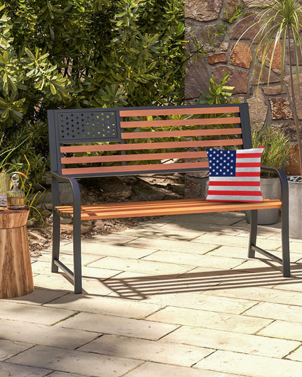 Giantex Outdoor Bench, 2-Person Metal Garden Bench with American Flag Backrest