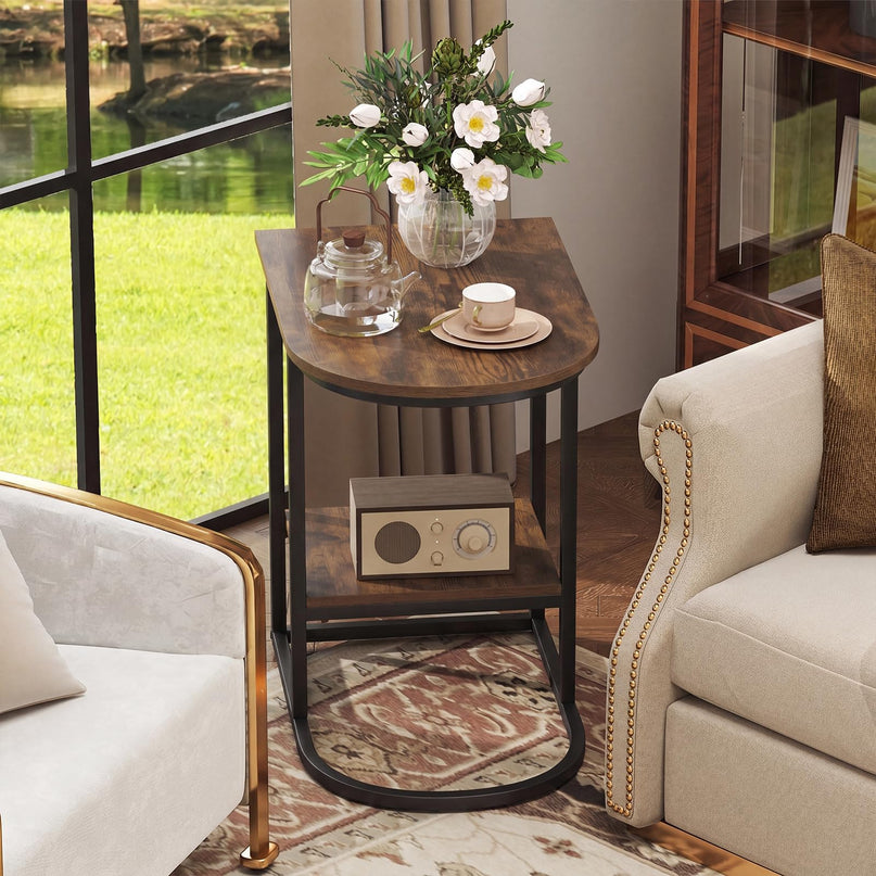 Giantex C Shaped End Table with Industrial Wood Tabletop & Storage Shelf