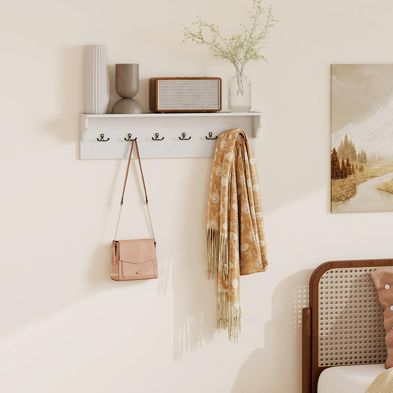 Giantex Wall Hooks with Shelf 31.5inch Wooden Coat Rack with 6 Hooks for Hats Towels Purses Robes