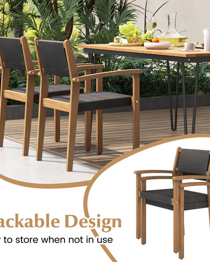 Giantex Stackable Outdoor Wicker Dining Chair Set, Rattan Armchairs w/Acacia Wood Frame
