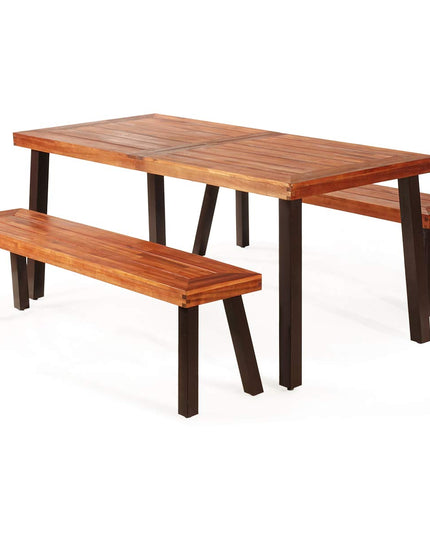 Patio Dining Table Set with 2 Benches, Outdoor Picnic Table Set with Umbrella Hole