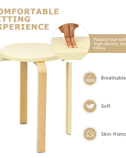 4-Pack Bentwood Stack Stools, 18.5-Inch Portable Stools with PU Leather Round Top, Non-Slip Foot Mats