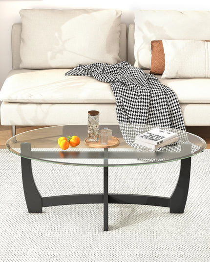Giantex Glass Coffee Table, 48" Oval Accent Tea Table with Tempered Glass Top & Solid Wood Structure