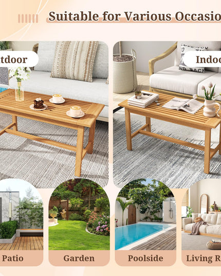 Giantex Teak Wood Patio Coffee Table - 36” Rectangular Outside Side Table with Slatted Tabletop