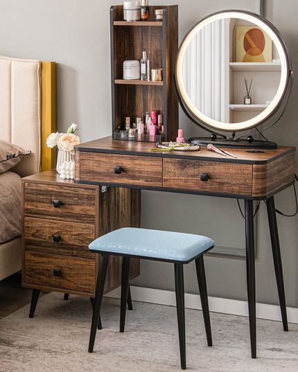 CHARMAID Vanity Table Set with 3-Color Dimmable Lighted Mirror - Giantex