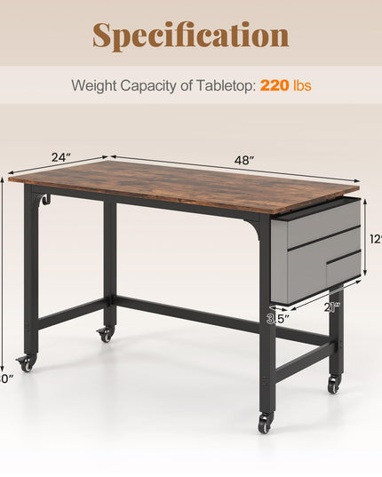 Giantex 48" Rolling Computer Desk, Mobile Study Writing Desk with Wheels & Metal Frame, Simple Style Home Office Work Bench