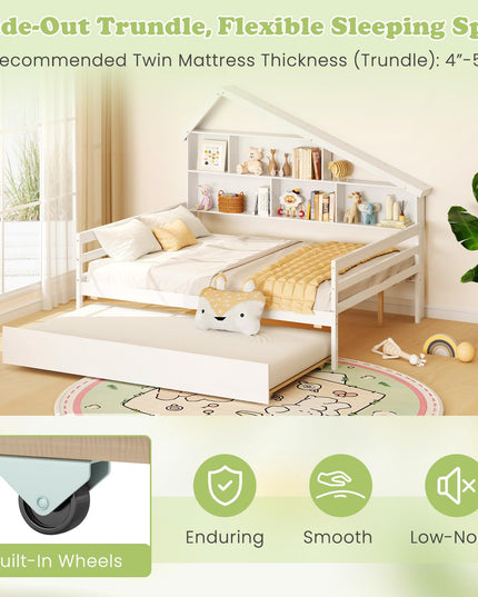 Giantex Full House Bed with Twin Trundle, Wood Daybed with 5 Cube Storage Bookcase & Headboard