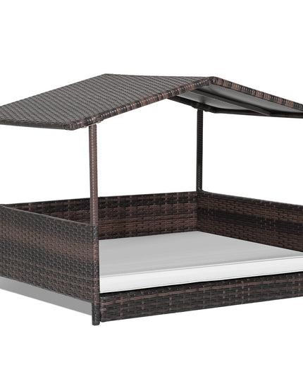 Giantex Wicker Dog House, Raised Rattan Dog Bed with Roof, Removable Cushion and Steel Frame