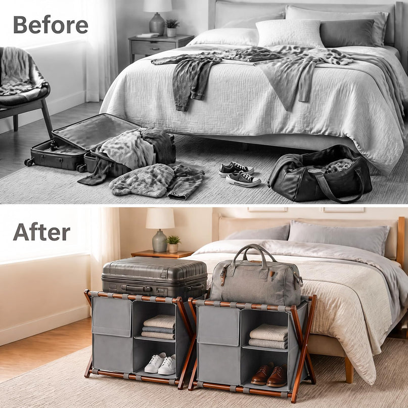 GIANTEX 27" Folding Bamboo Luggage Rack with 3 Storage Compartments (1/2)