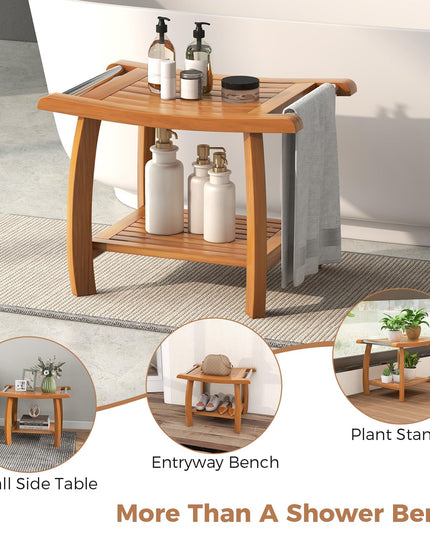 Gaintex Teak Shower Bench with Handles and Storage Shelf, Teak Shower Stool for Shaving Legs, Non-Slip Foot Pads