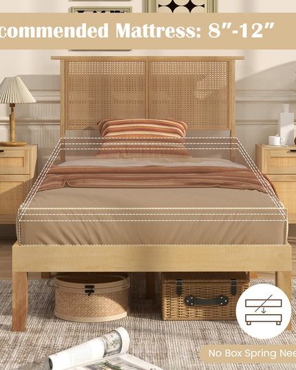 Giantex Bed Frames with Rattan Headboard, Boho Solid Wood Platform Bed with Wooden Slats