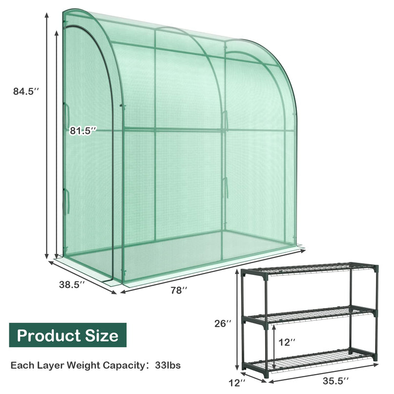 Giantex Walk-in Lean-to Greenhouse - with 3-Tier Plant Stand, 7’x 3.5’x 7’ Green House, PE Grid Cover
