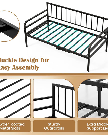 Giantex Twin Daybed with Trundle, Twin Bed Frame with Charging Station & LED Lights, Metal Trundle Bed Twin w/Steel Slats Support