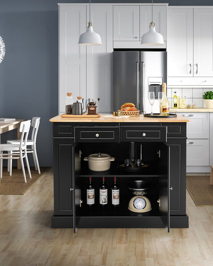 Giantex Kitchen Island with Drop Leaf, Rubber Wood Top, 2 Drawers, Storage Cabinets