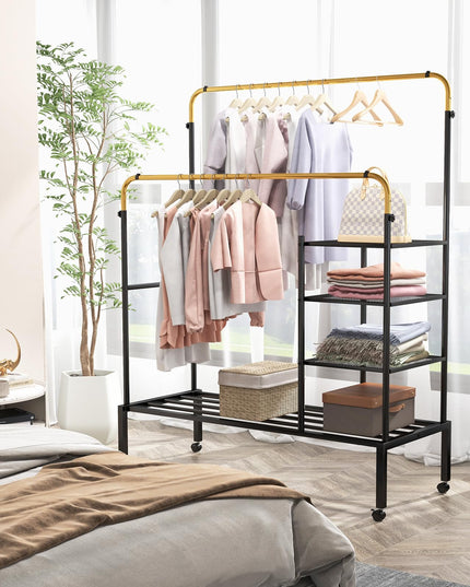 Giantex Double Rods Garment Rack with Wheels, Clothing Rack w/ 2 Hanging Height Adjustable Rods, Side Mesh Racks