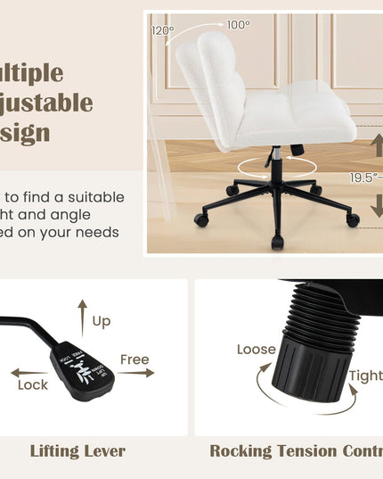Giantex Criss Cross Chair with Wheels, Faux Fur Cross Legged Office Chair, Armless Wide Desk Chair