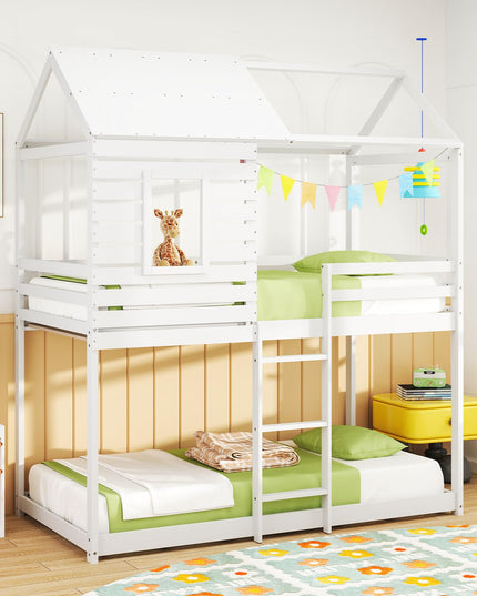 Giantex White Wood Bunk Bed Twin Over Twin with Ladder and Guardrail