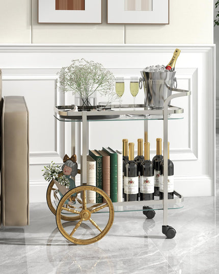 Giantex 2-Tier Bar Cart, Stylish Rolling Serving Cart w/Tempered Glass Shelves