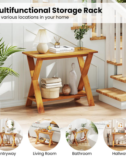 Giantex Solid Teak Wood Console Table with Storage Shelf