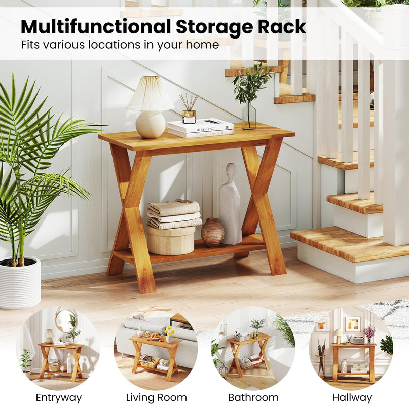 Giantex Solid Teak Wood Console Table with Storage Shelf