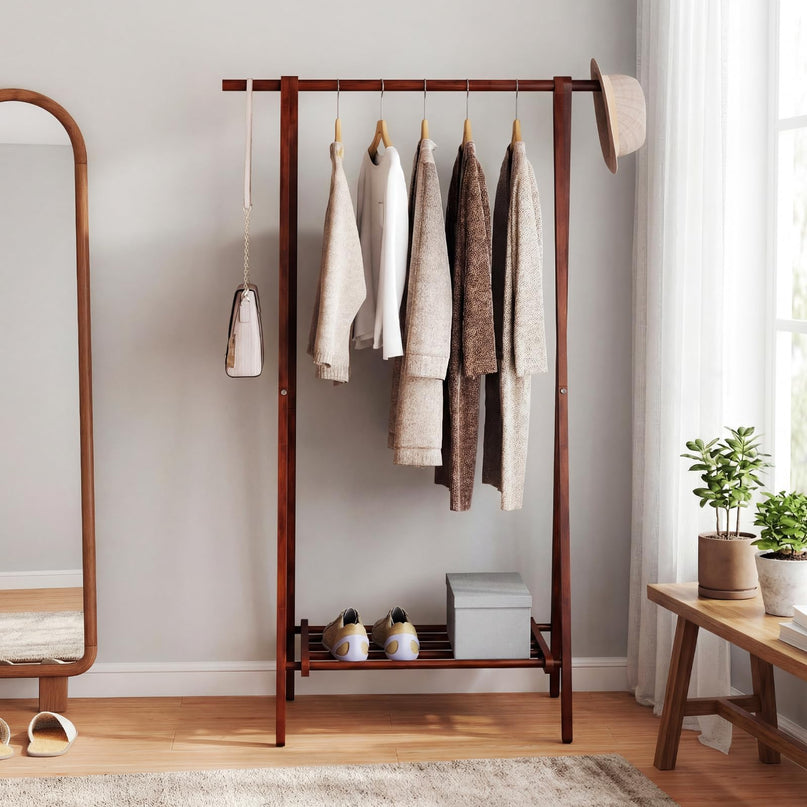 Giantex Solid Rubber Wood Clothes Hanging Stand with Storage Shelf for Garments Hats Handbags