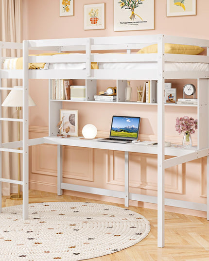 Giantex Solid Wood Twin Loft Bed with Desk and Bookcase