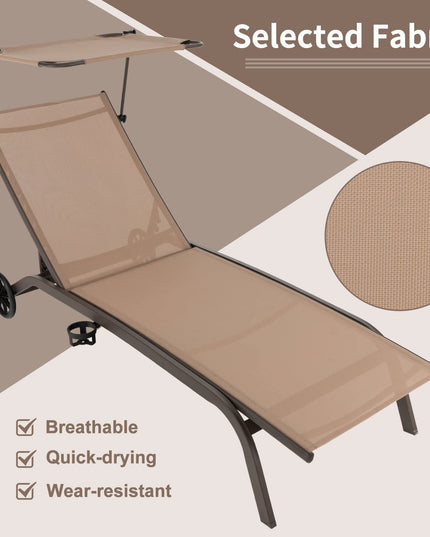 Giantex Outdoor Chaise Lounge Chair, Tanning Chair with Sunshade and Smooth Wheels, 6-Level Adjustable Position