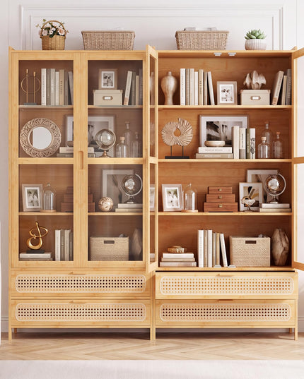 GIANTEX 54.5" Tall 6-Tier Freestanding Bamboo Bookshelf with 2 Acrylic Doors and 2 Drawers
