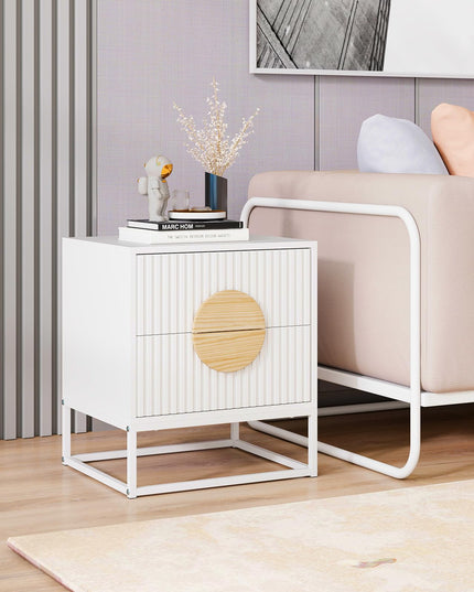 Giantex Fluted Nightstand with 2 Drawers Natural Circle Handle & Metal Frame
