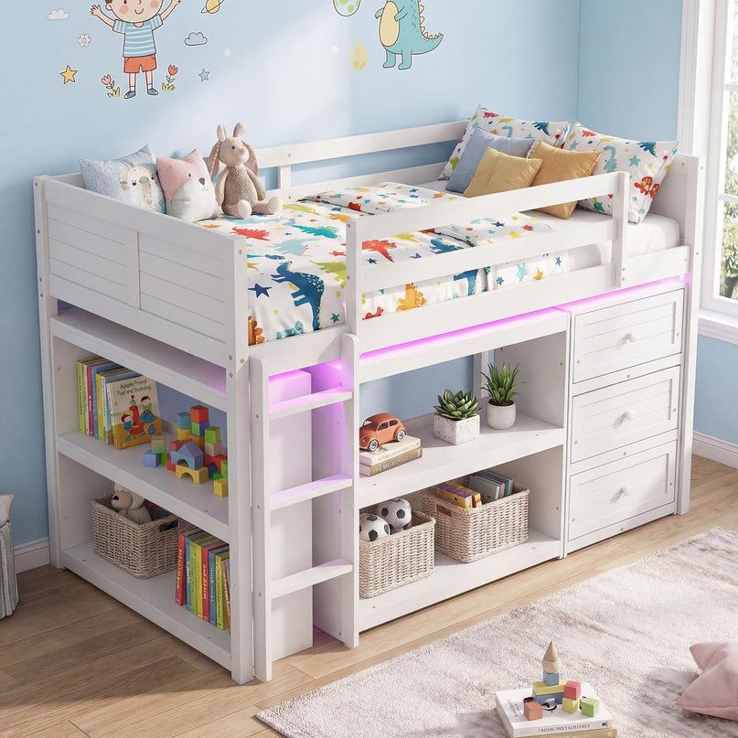 Giantex Loft Bed Twin Size with LED Lights for Boys Girls