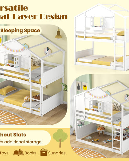 Giantex Bunk Bed Twin Over Twin, Wood House Bed for Kids with Roof, Window Door, White