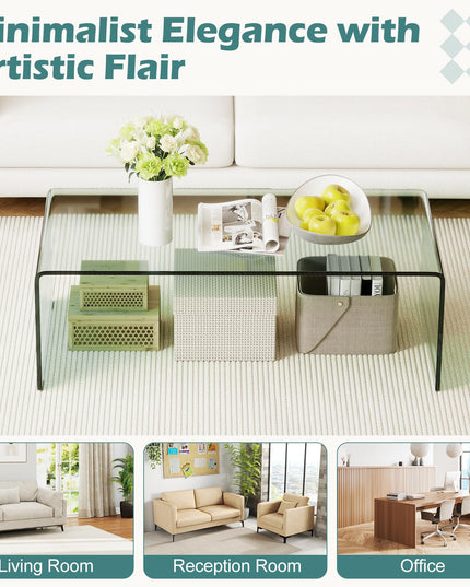 Giantex Glass Coffee Table with Tempered Glass Top & Round Edges