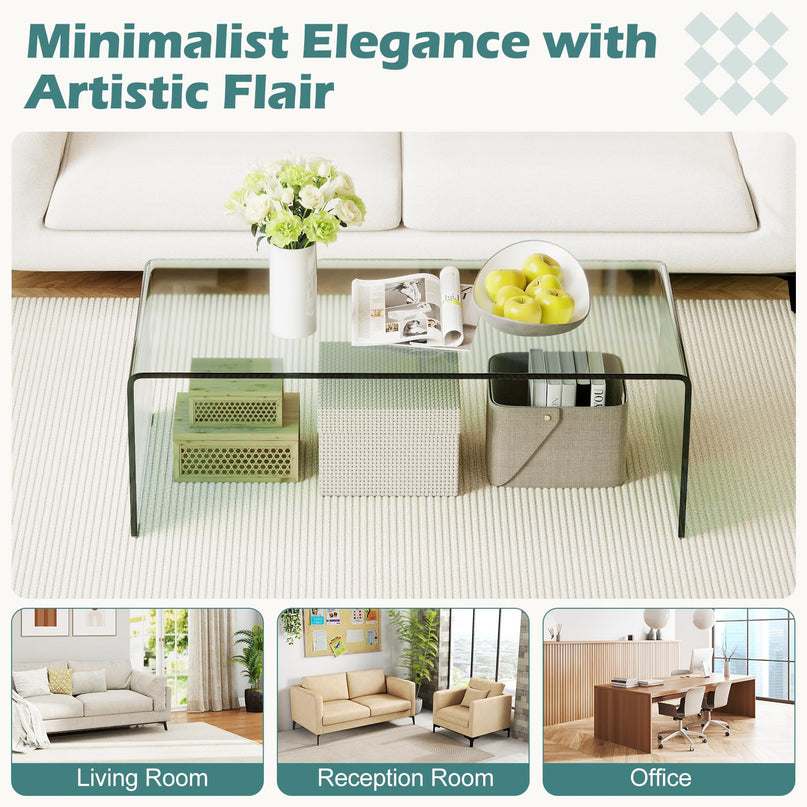 Giantex Glass Coffee Table with Tempered Glass Top & Round Edges