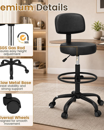 GIANTEX Drafting Chair with Back Adjustable Foot Rolling Stool with Wheels(1/2)