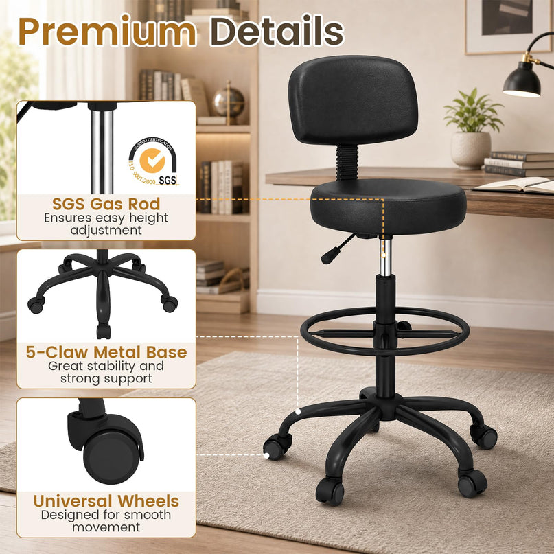 GIANTEX Drafting Chair with Back Adjustable Foot Rolling Stool with Wheels(1/2)