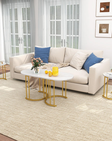 Lot de 3 tables basses gigognes Giantex, tables d'appoint empilables avec plateau en faux marbre et cadre en métal doré