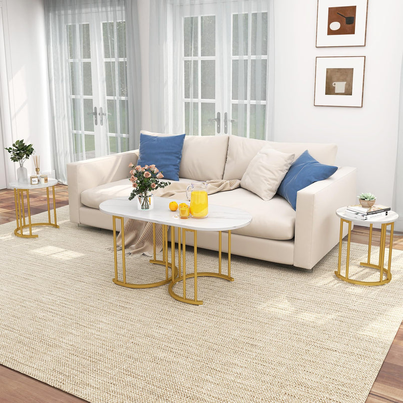 Lot de 3 tables basses gigognes Giantex, tables d'appoint empilables avec plateau en faux marbre et cadre en métal doré