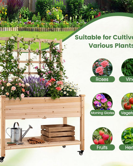 Giantex 65'' Wooden Raised Garden Bed w/Trellis on Wheels (1/2)