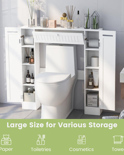 Over-The-Toilet Rack Bathroom Shelf Storage Cabinet Wooden Drop Door Freestanding Spacesaver Improvements, White
