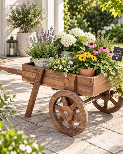GIANTEX Wooden Wagon Planter Box with Wheels