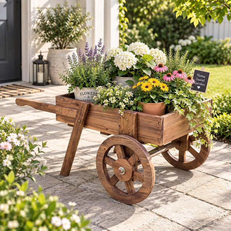 GIANTEX Wooden Wagon Planter Box with Wheels